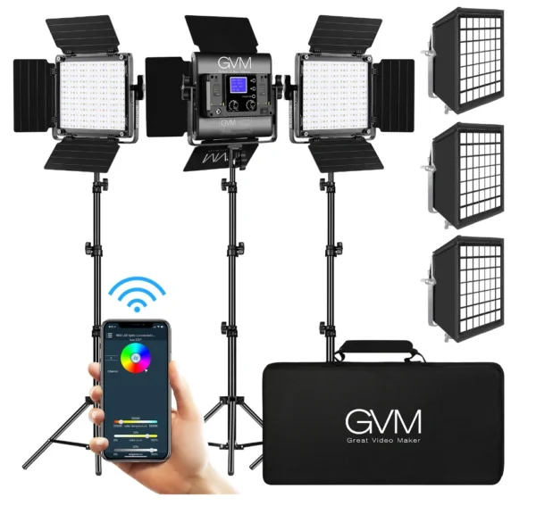 GVM 800D-RGB LED Studio 3-Video Light Kit اضاءة فيديو  وحدة