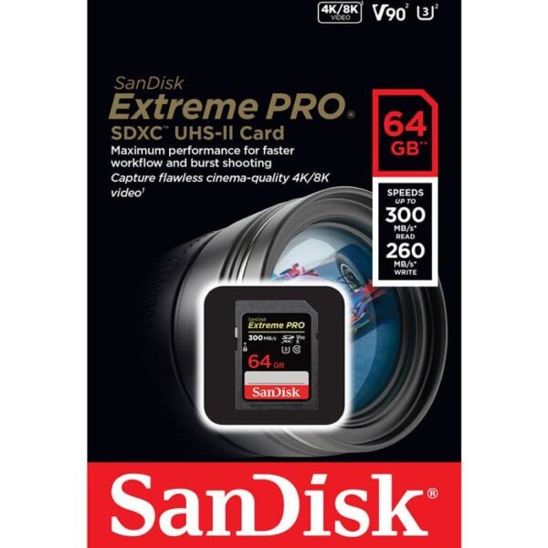 SanDisk SDXC Extreme PRO - 64GB, 300 MB/s, C10, UHS-II, U3 V90