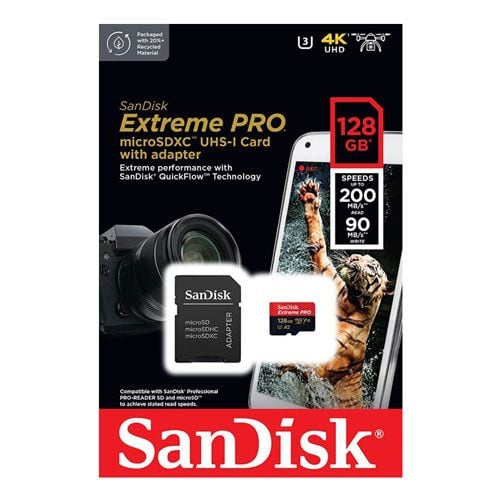 SanDisk Extreme Pro microSD UHS I Card 128GB for 4K Video on Smartphones, Action Cams & Drones 200MB/s Read, 90MB/s Write,