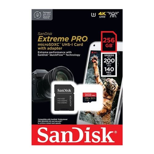 SanDisk microSD Extreme Pro UHS I Card 256GB for 4K Video on Smartphones, Action Cams & Drones 200MB/s Read, 140MB/s Write