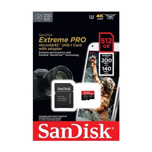 SanDisk microSD Extreme Pro UHS I Card 512GB for 4K Video on Smartphones, Action Cams & Drones 200MB/s Read, 140MB/s Write